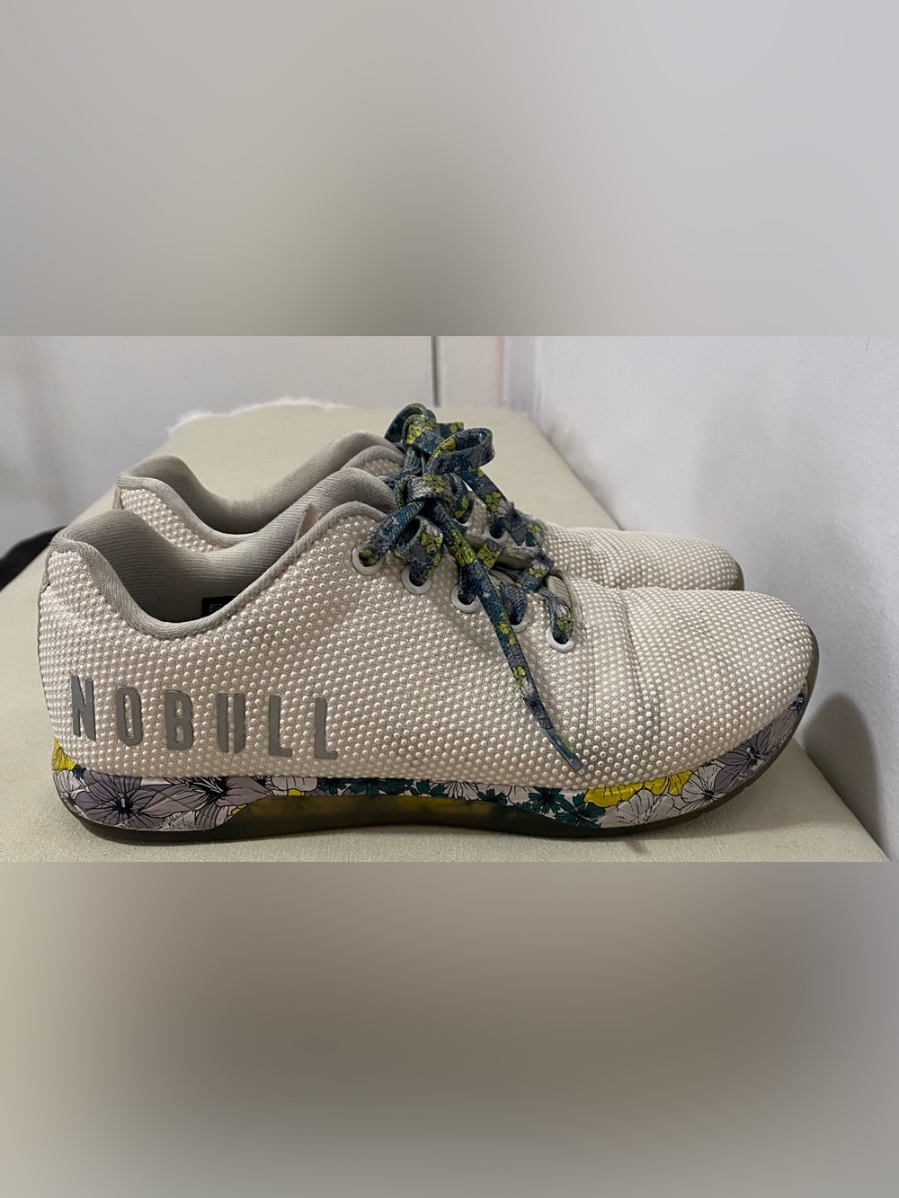 NOBULL White Sneakers with Yellow and Teal Floral Insole